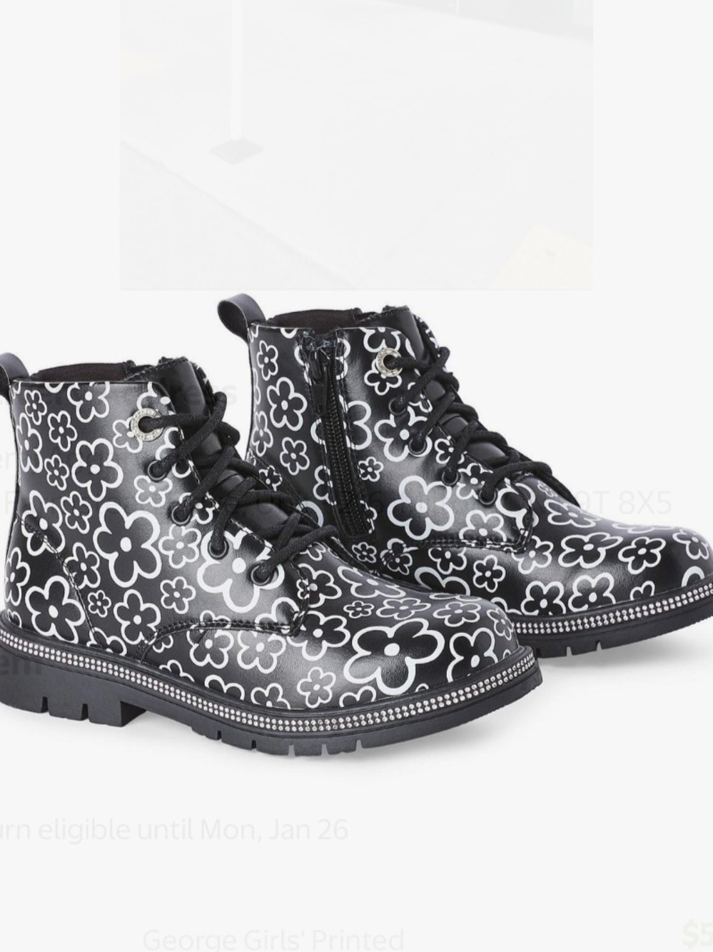 Girls' Black Floral Ankle Boots Size 2